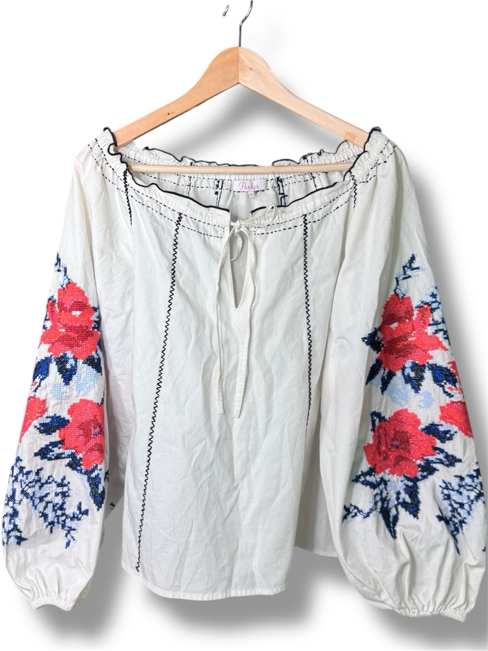Parker Laureena Embroidered Off Shoulder Boho Peasant Blouse White Size XS